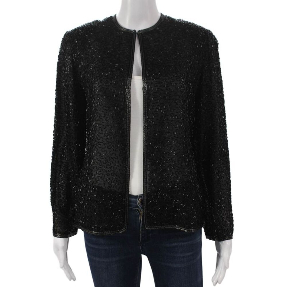 Victoria Royal Womens Black Beaded Geometric Jacket Long Sleeve Size 10